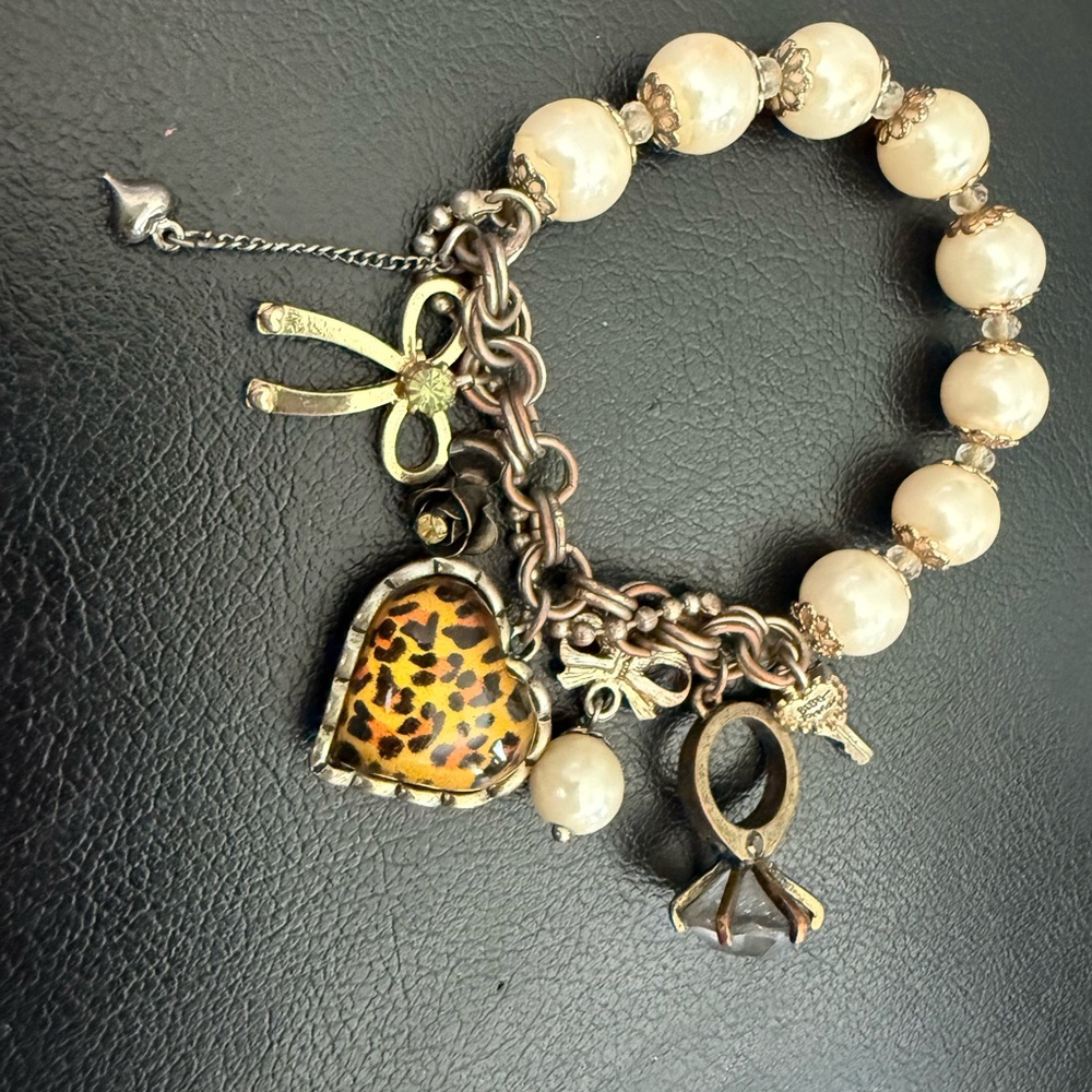 Betsey Johnson Vintage Cream Pearl and Leopard Heart Bracelet